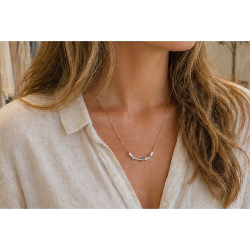 Lou & Co Gold Pink Blue Beaded Necklace New